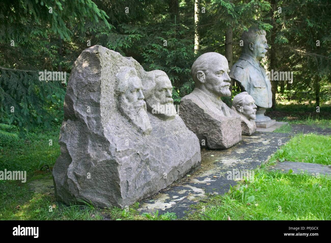 Lithuania, near Druskininkai, Grutas Park, busts of Marx, Engels, Lenin and Stalin Stock Photo