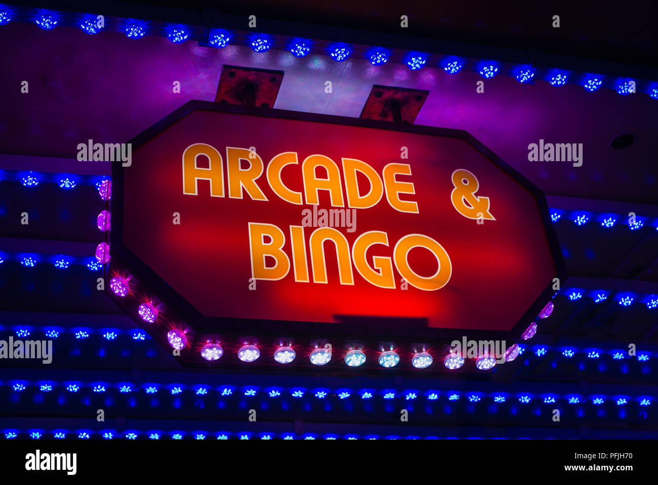 Retro Amusement Arcade And Bingo Sign On A Marquee In A British Seaside Resort Stock Photo