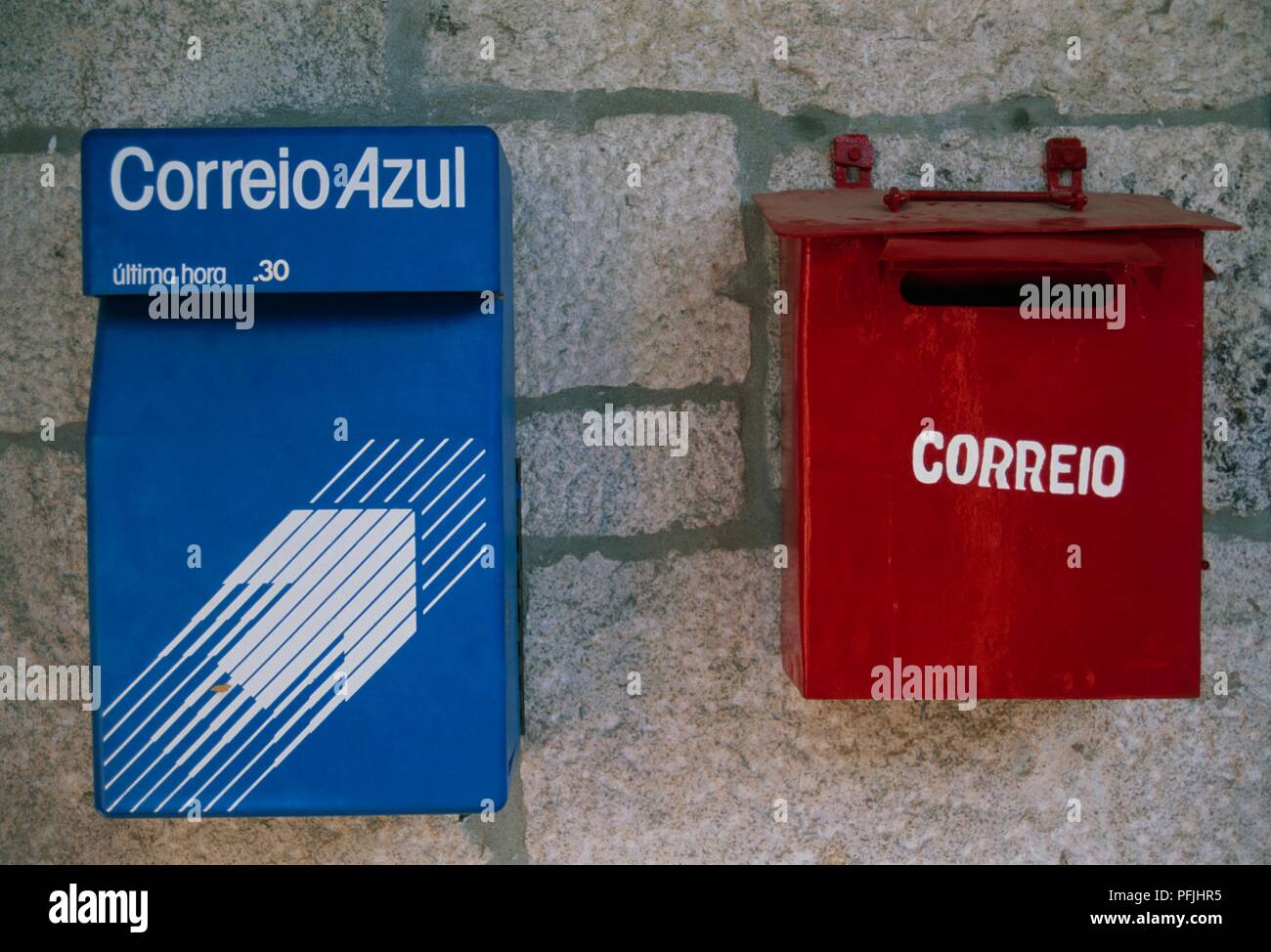 Portugal, correio normal and corrieo azul (airmail) post boxes Stock Photo