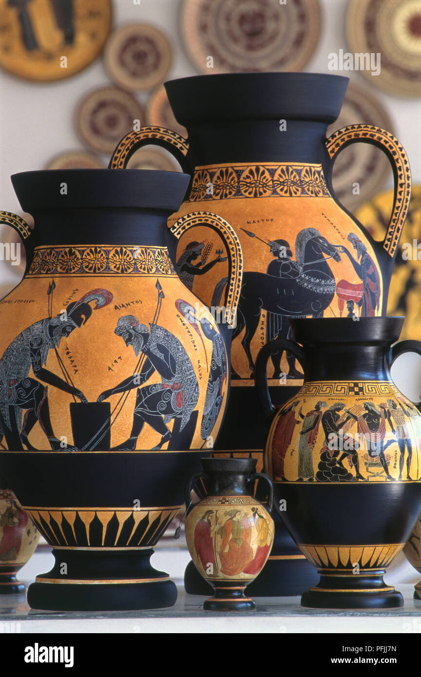Ancient Greek-style vases for sale in shop, close-up Stock Photo - Alamy