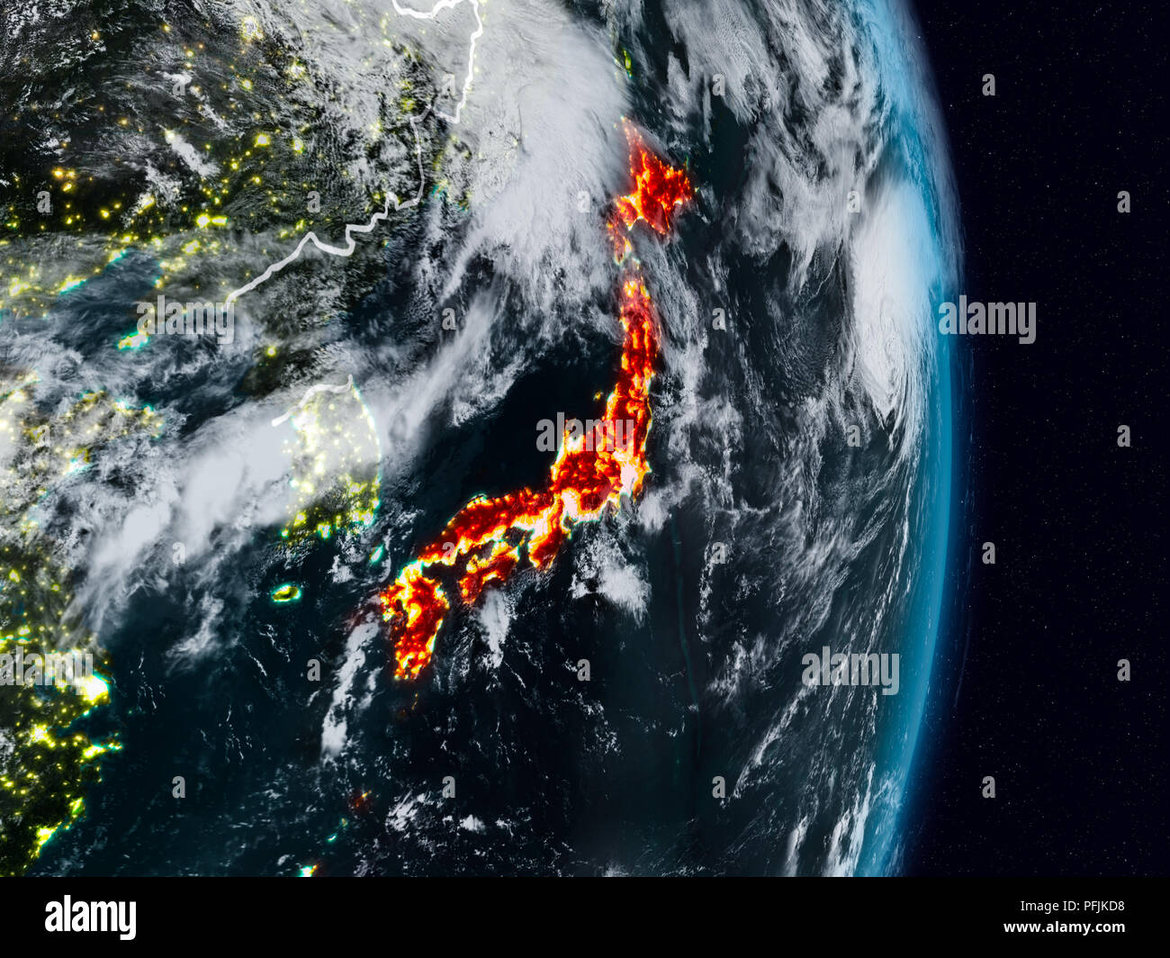 Japan from space on planet Earth at night with visible country