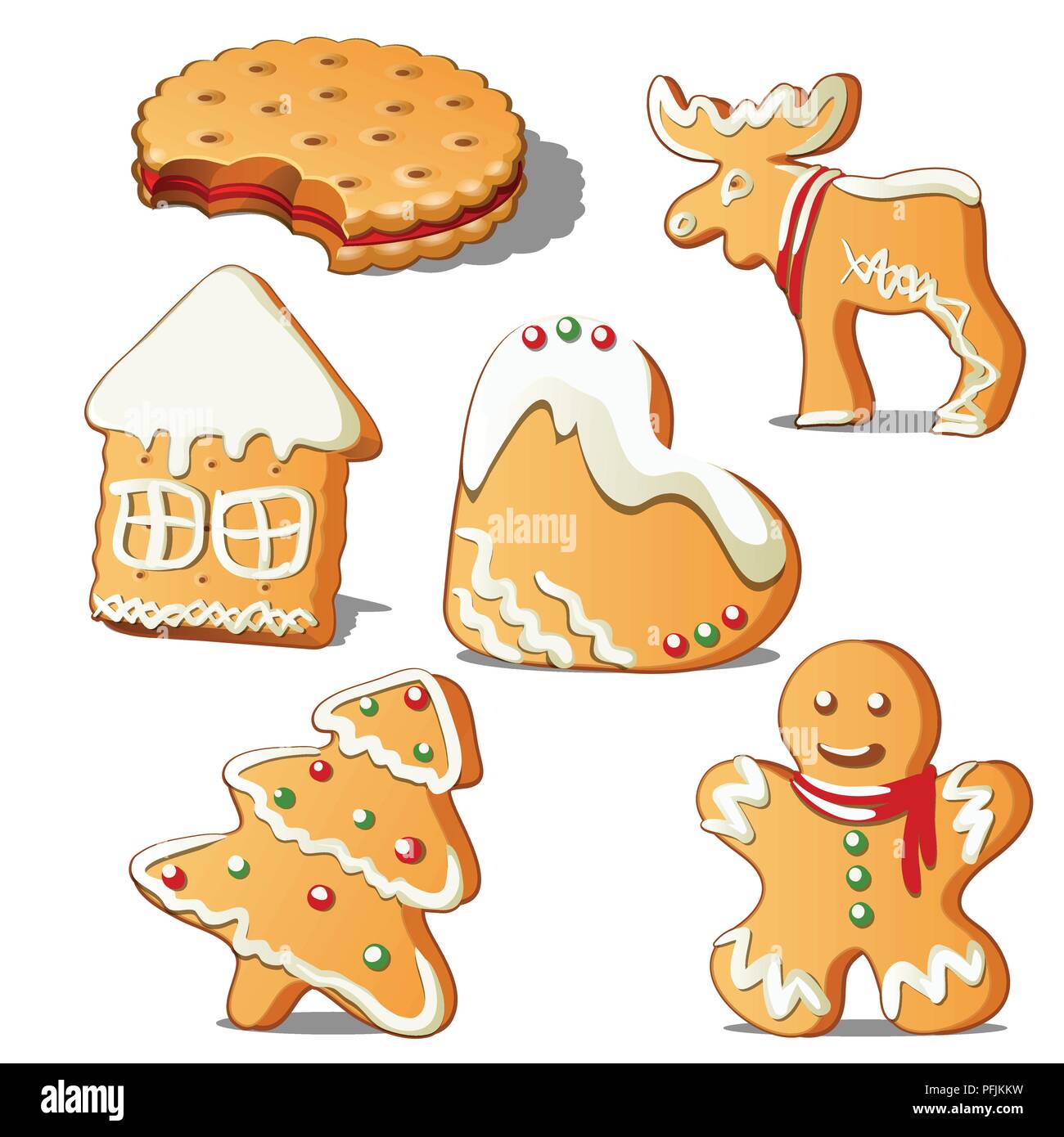 Sweet holiday baking. Cookies in form of a star, house, Christmas tree, heart, reindeer, gingerbread man with icing. Sketch for card, festive poster.The attributes of Christmas and New year. Vector. Stock Vector