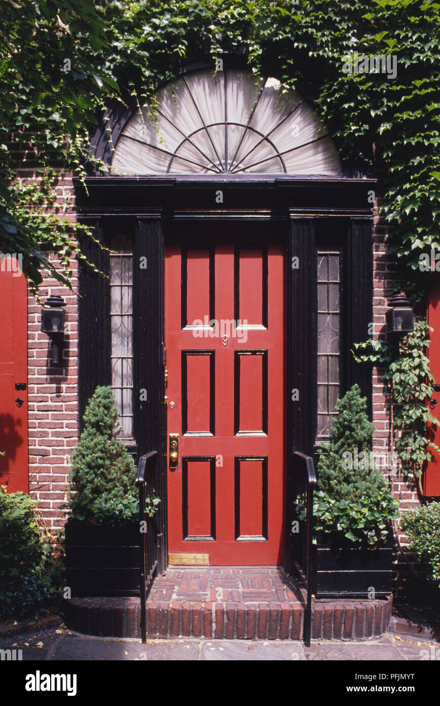 Usa New York Facade Detail Showing Doorway Red Wooden