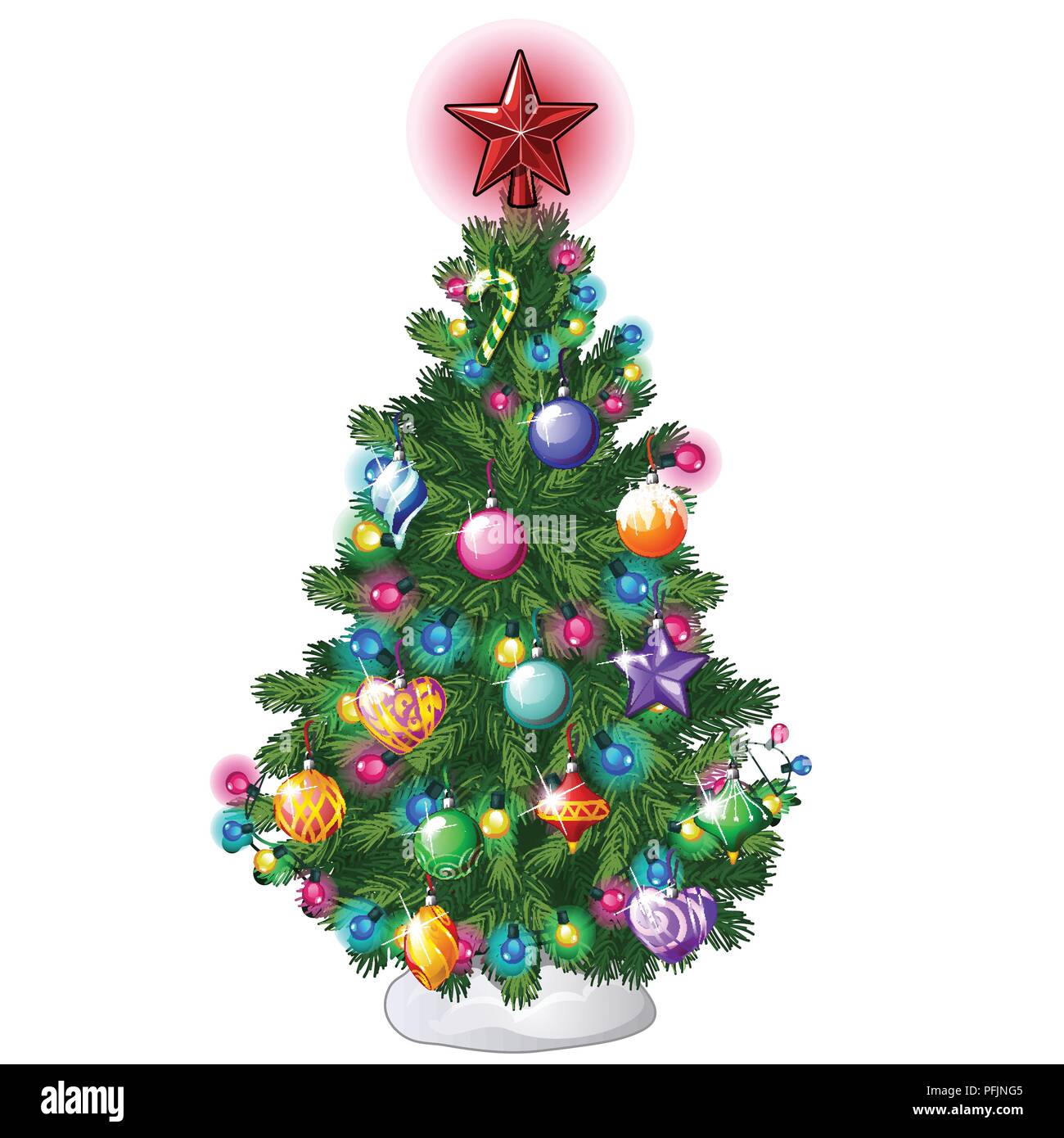 Christmas tree with colorful balls, star, toys and baubles isolated on white background. Sketch for greeting card, festive poster or party invitations.The attributes of Christmas and New year. Vector. Stock Vector