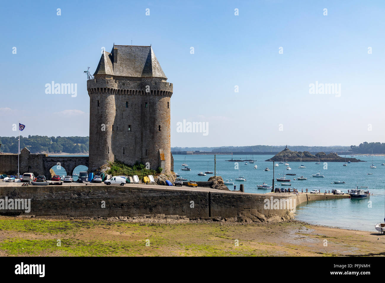 Low tide of the Tour de Solidor on the Solidor waterfront in the port of Saint Malo on the north coast of Brittany in France. Stock Photo