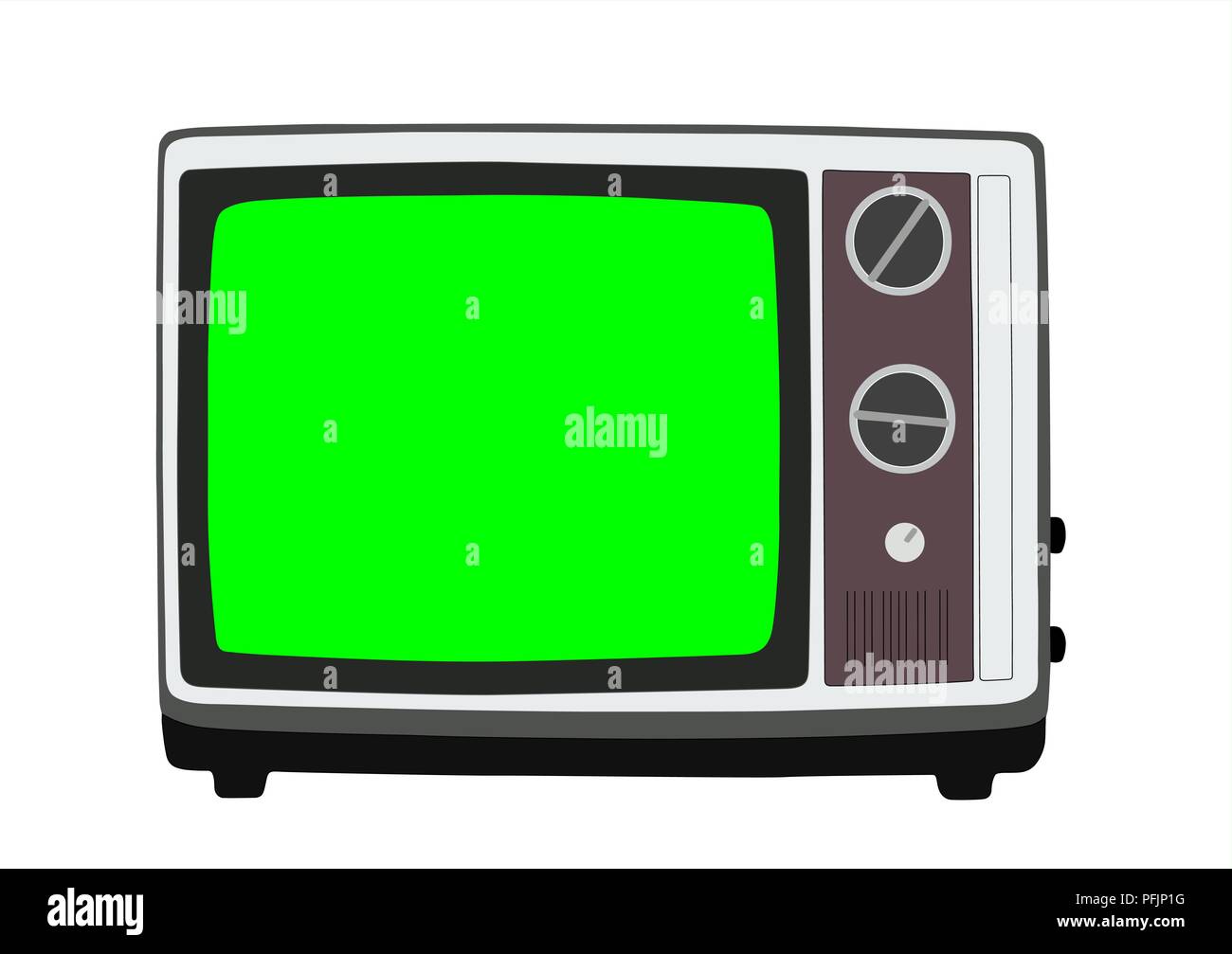 Vintage 1970s portable television vector illustration with chroma key green screen. Stock Vector