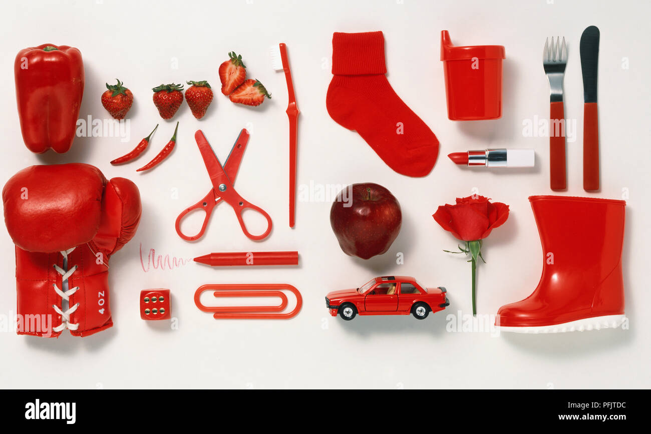 Boxing Glove, scissors, sock, boot, paper clip, crayon, strawberries, car,  rose, knife, fork, lipstick, dice, toothbrush, beaker, apple, all coloured  red Stock Photo - Alamy