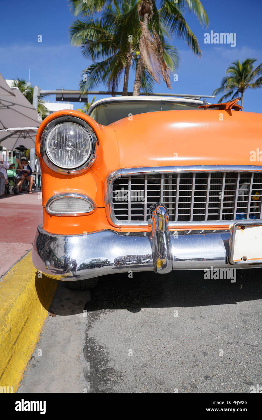 Old fashioned car parked in the street of Miami South beach Stock Photo