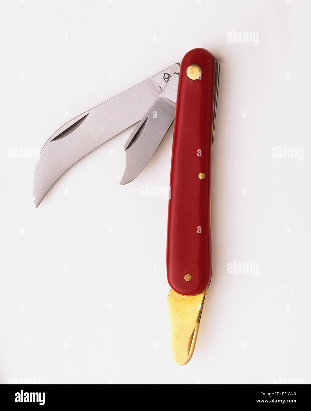Red multi-purpose knife with two blades out Stock Photo