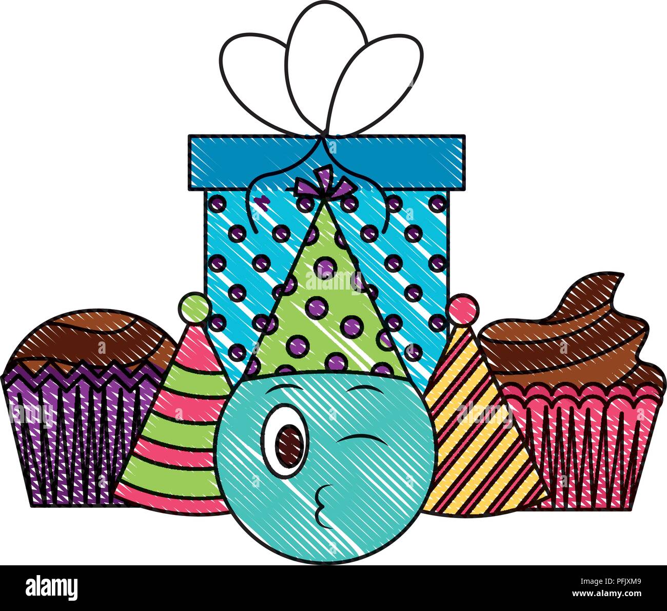 Birthday Emoji Face Cupcake Party Hat Gift Celebration Drawing Color Stock Vector Image Art Alamy