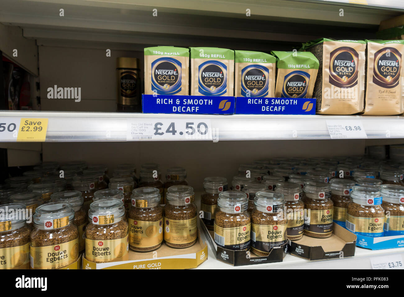 Jars & packets of coffee on sale in a Tesco supermarket, UK Stock Photo