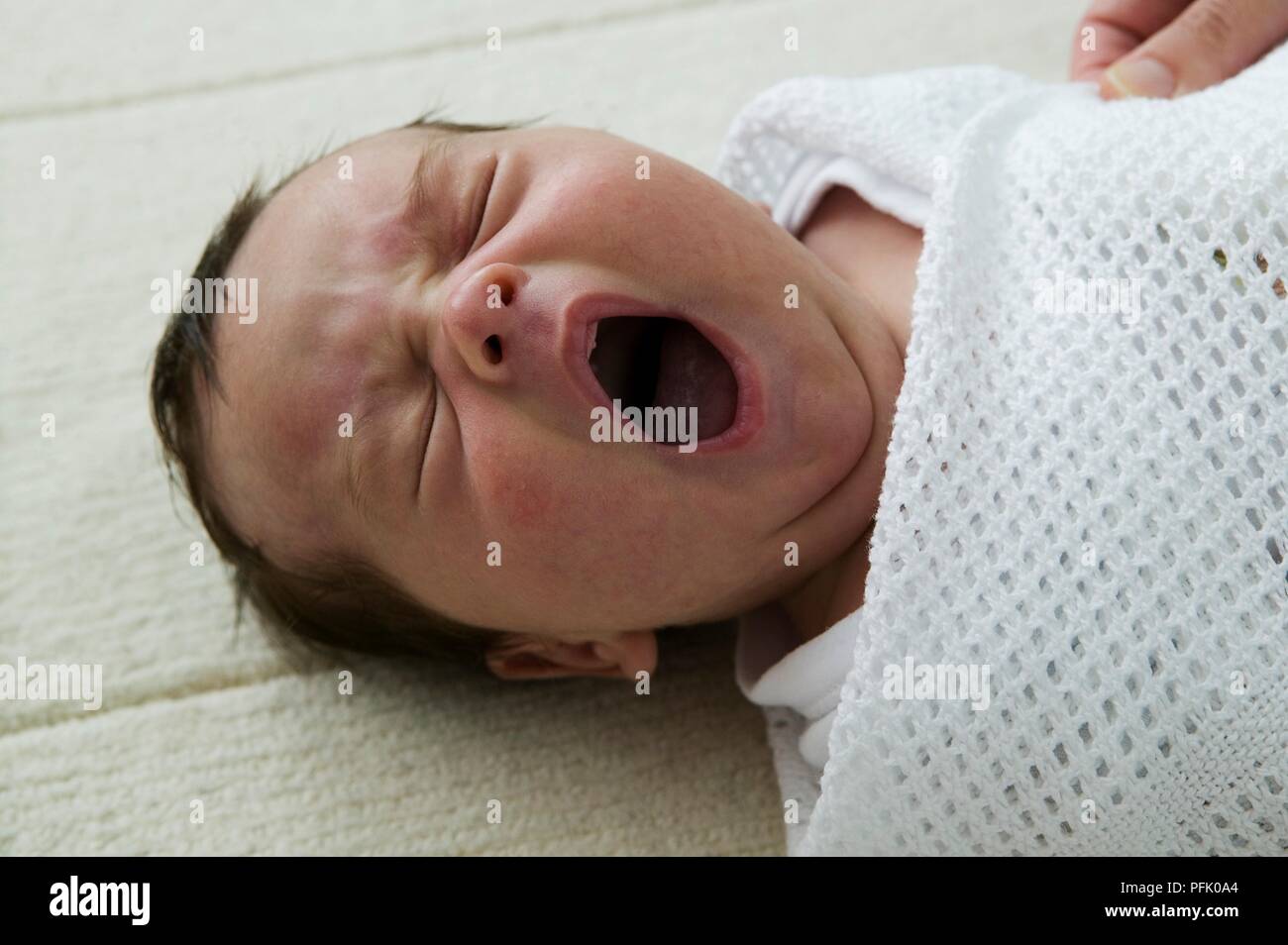 Baby boy swaddled in cellular blanket, yawning, close-up Stock Photo