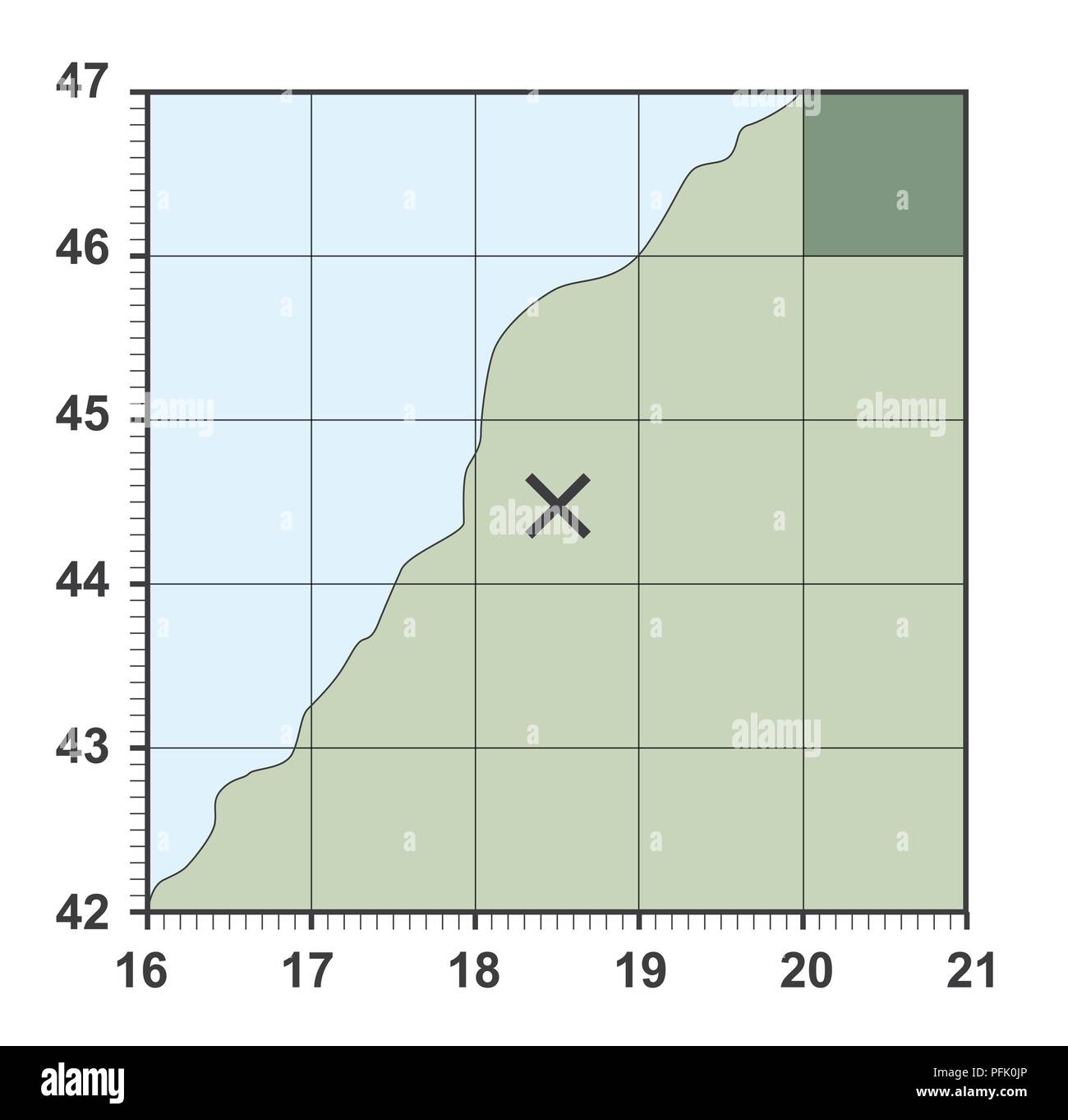 Digital illustration of grid reference on map marked with numbers and black cross Stock Photo
