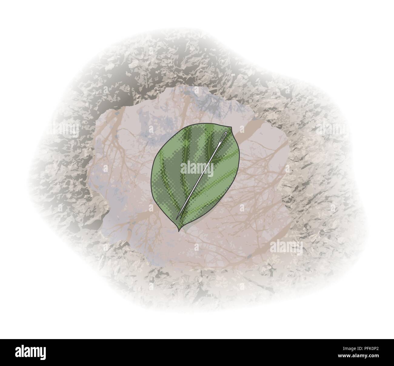 Digital illustration of needle balanced on leaf floating in puddle of