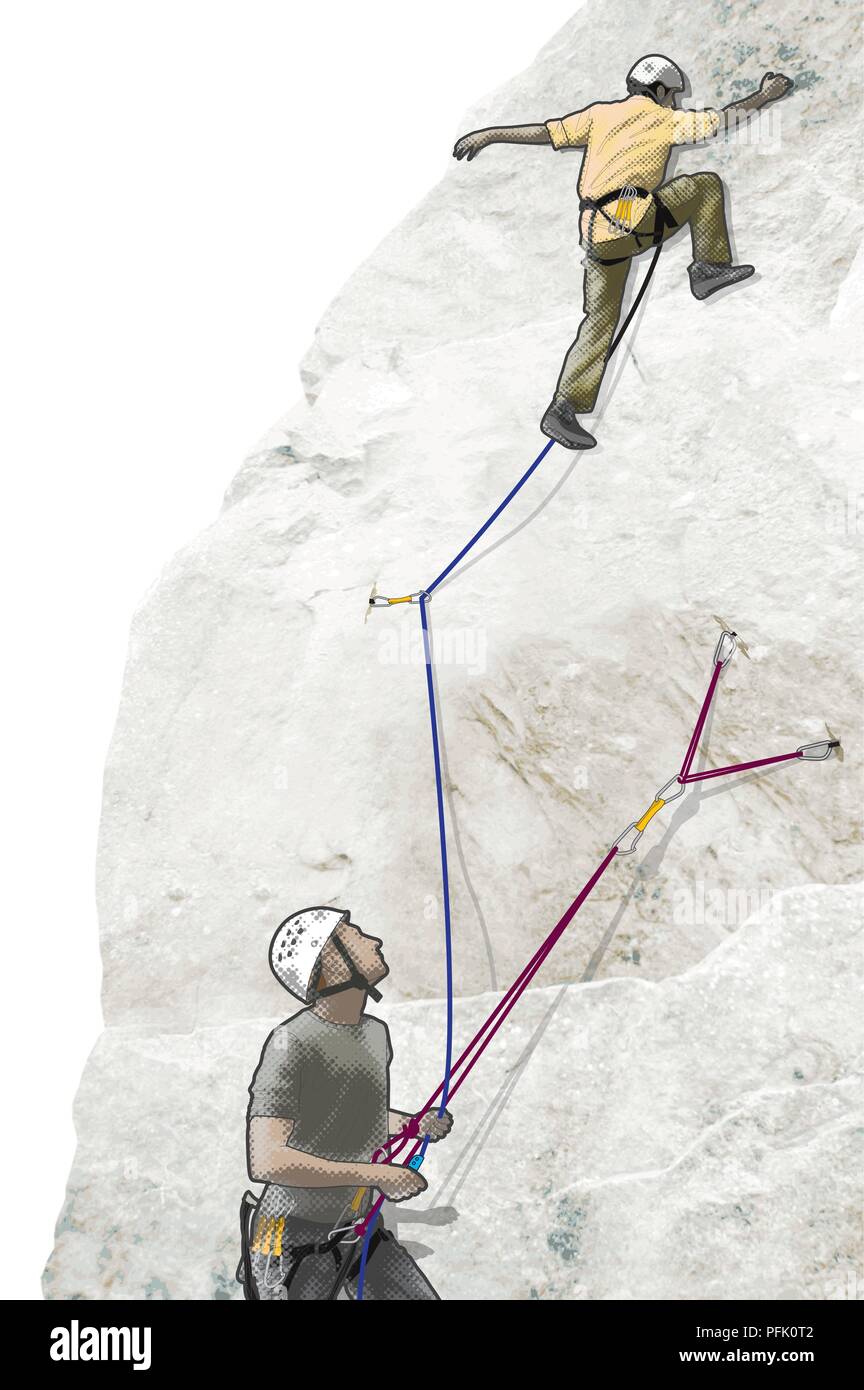 Digital illustration of lead climber attached to rope on rock face with