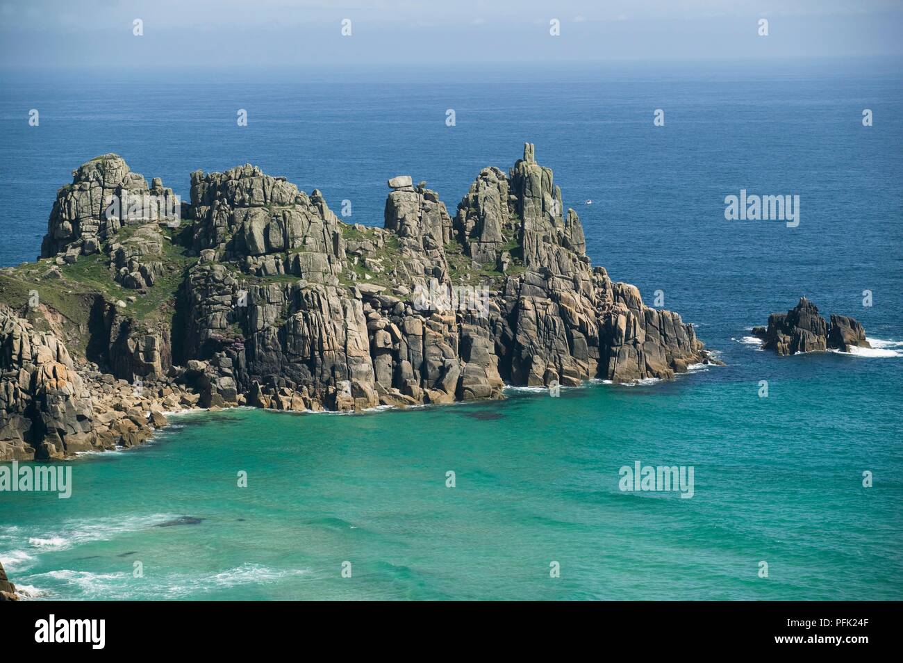 Great Britain, England, Cornwall, near Porthcurno, view of Logan Rock seen from the Pednvounder cliffs Stock Photo
