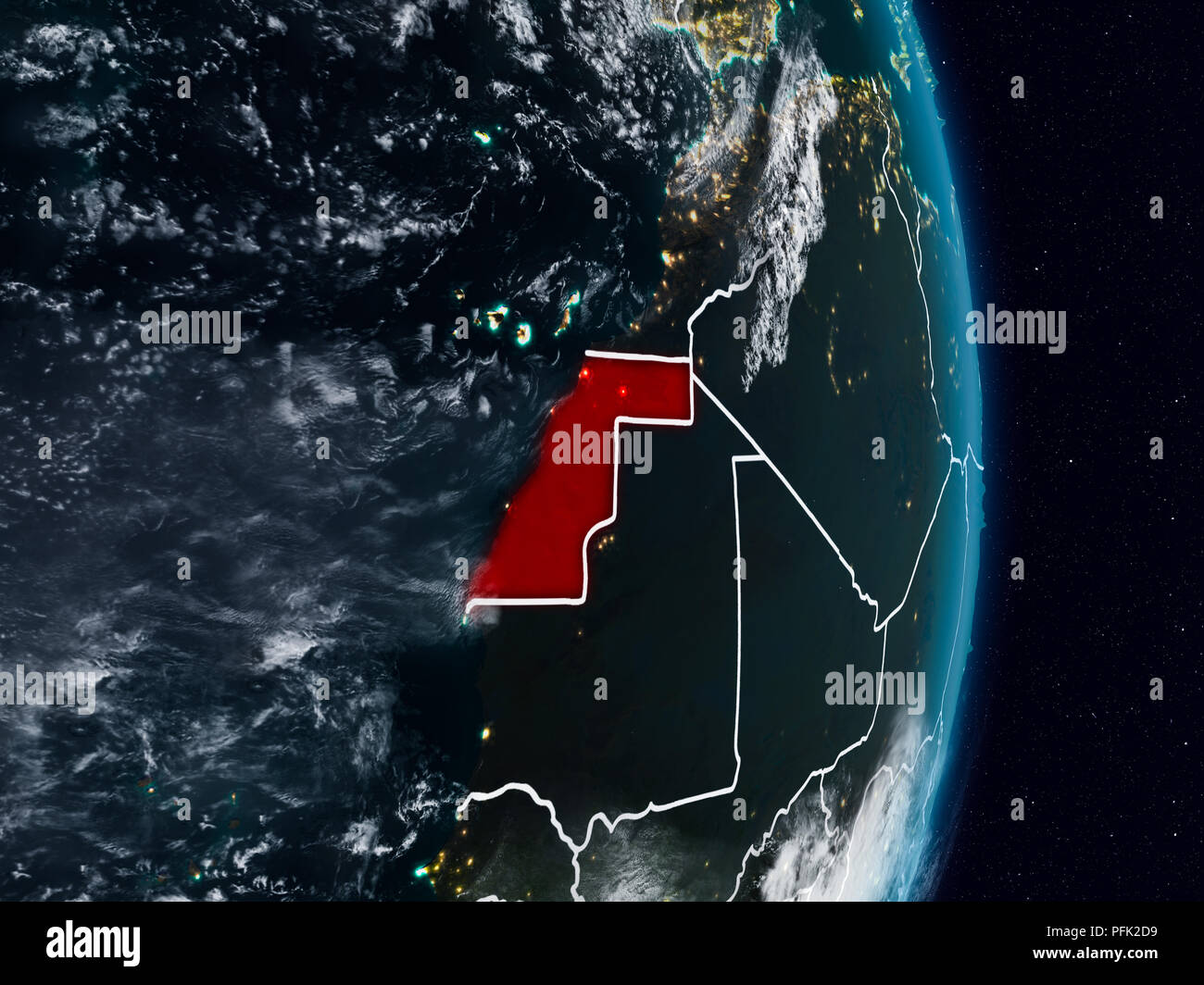 Western Sahara from space on planet Earth at night with visible country ...