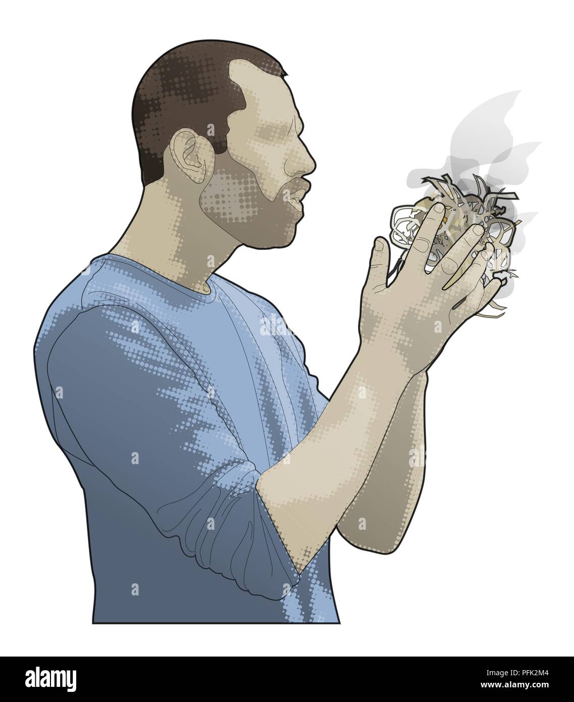 Digital illustration of man blowing on tinder bundle held in hands Stock Photo