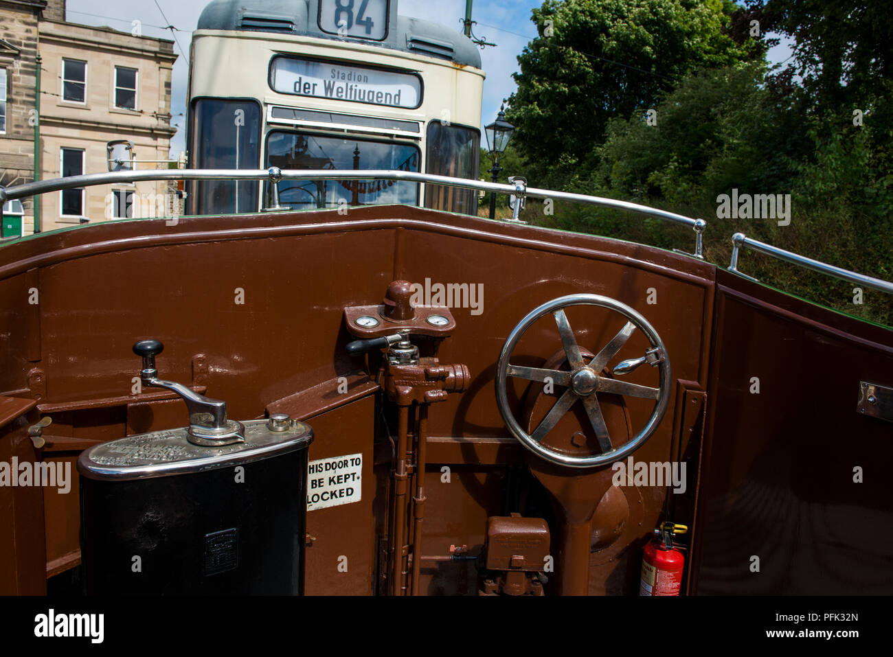 English Electric tram controls on board 'The Boat' a nickname given to a single deck open top Blackpool tram which operates at Crich Tramway Village Stock Photo