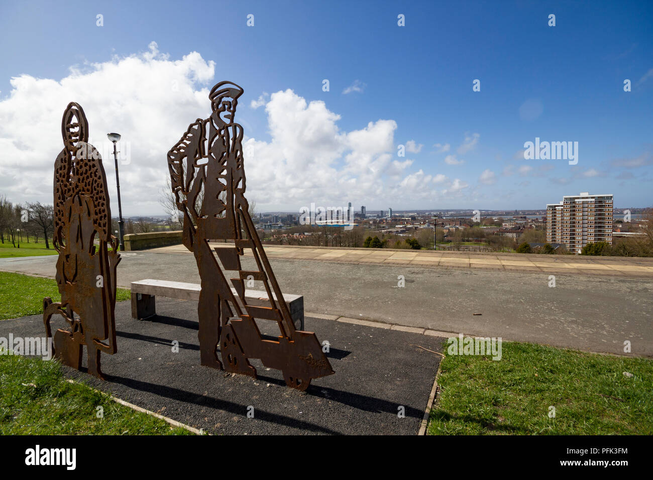 Portrait Bench in Everton Park, celebrating three local icons, Kitty Wilkinson, Molly Bushell and a dock worker. Liverpool, England. Stock Photo