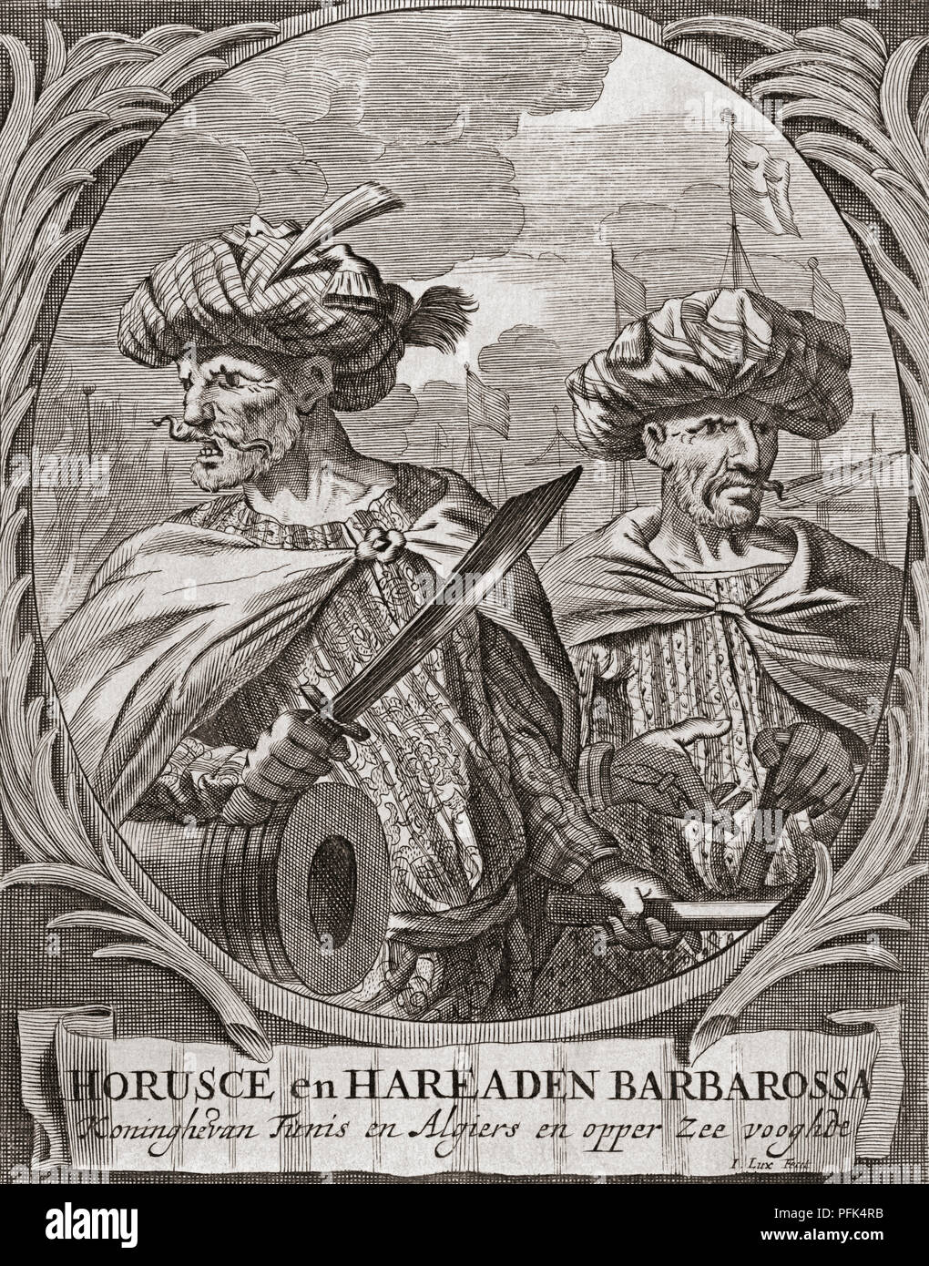 Oruç Reis, or Oruc Reis, 1474-1518, Ottoman bey, or governor, of Algiers, and his brother Hayreddin Barbarossa also known as Barbarossa Hayreddin Pasha or Hizir Reis, 1478-1546.  Admiral of the Ottoman Fleet. Stock Photo