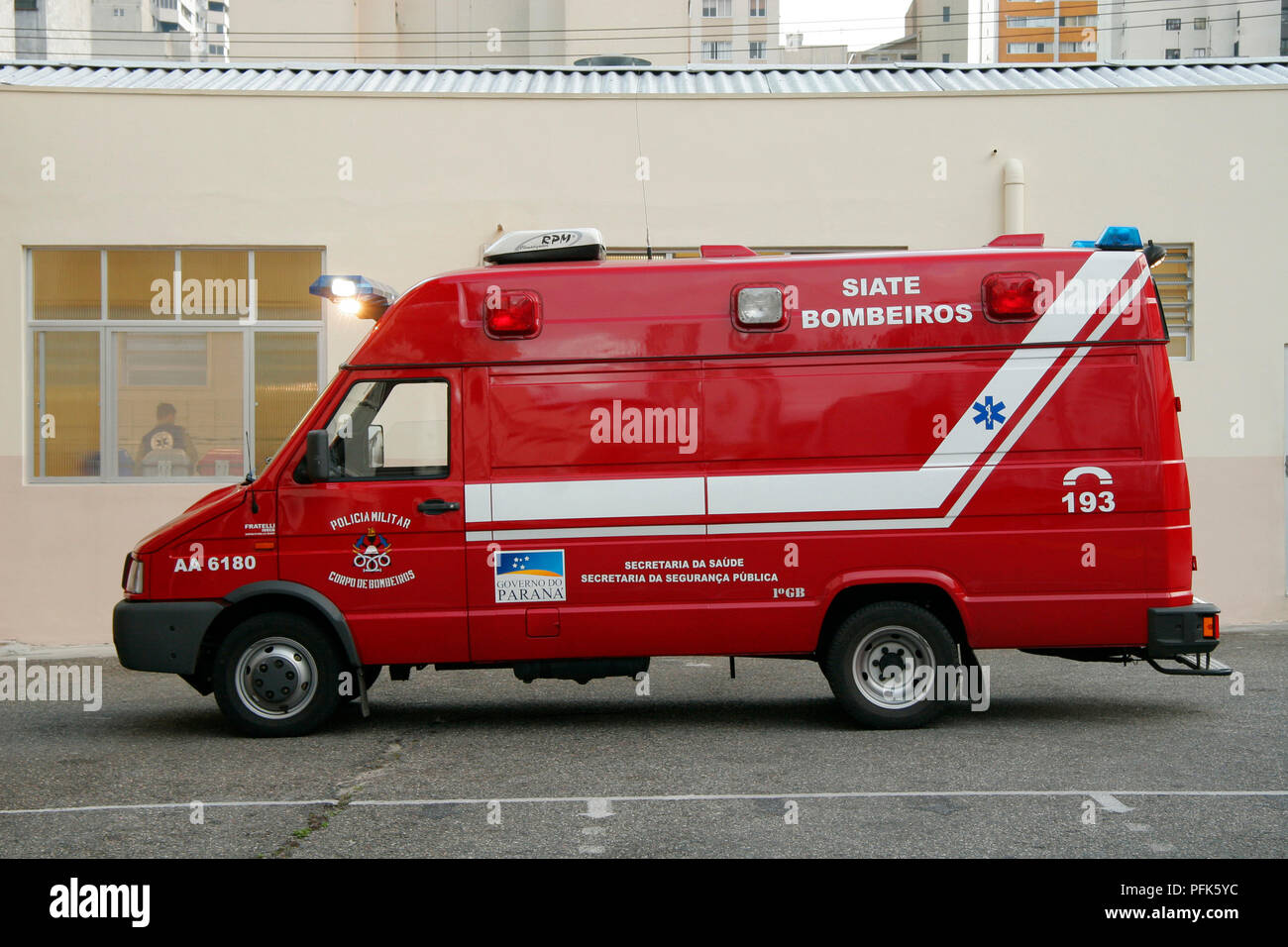 Brazilian fire brigade ambulance parked outside fire station, side view Stock Photo