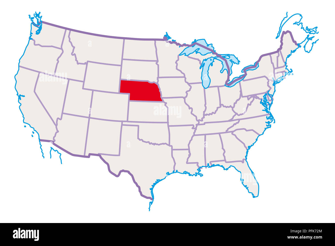 Nebraska On Map Of Us Map Of Usa, Nebraska Highlighted In Red Stock Photo - Alamy