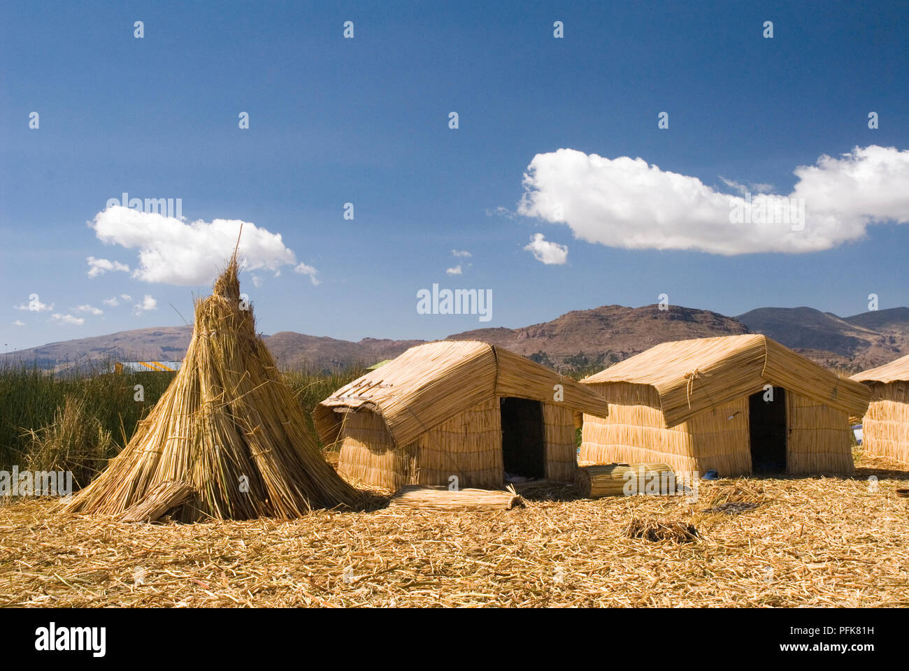 Peru, Lake Titicaca, Uros Floating Islands, houses made from reeds ...