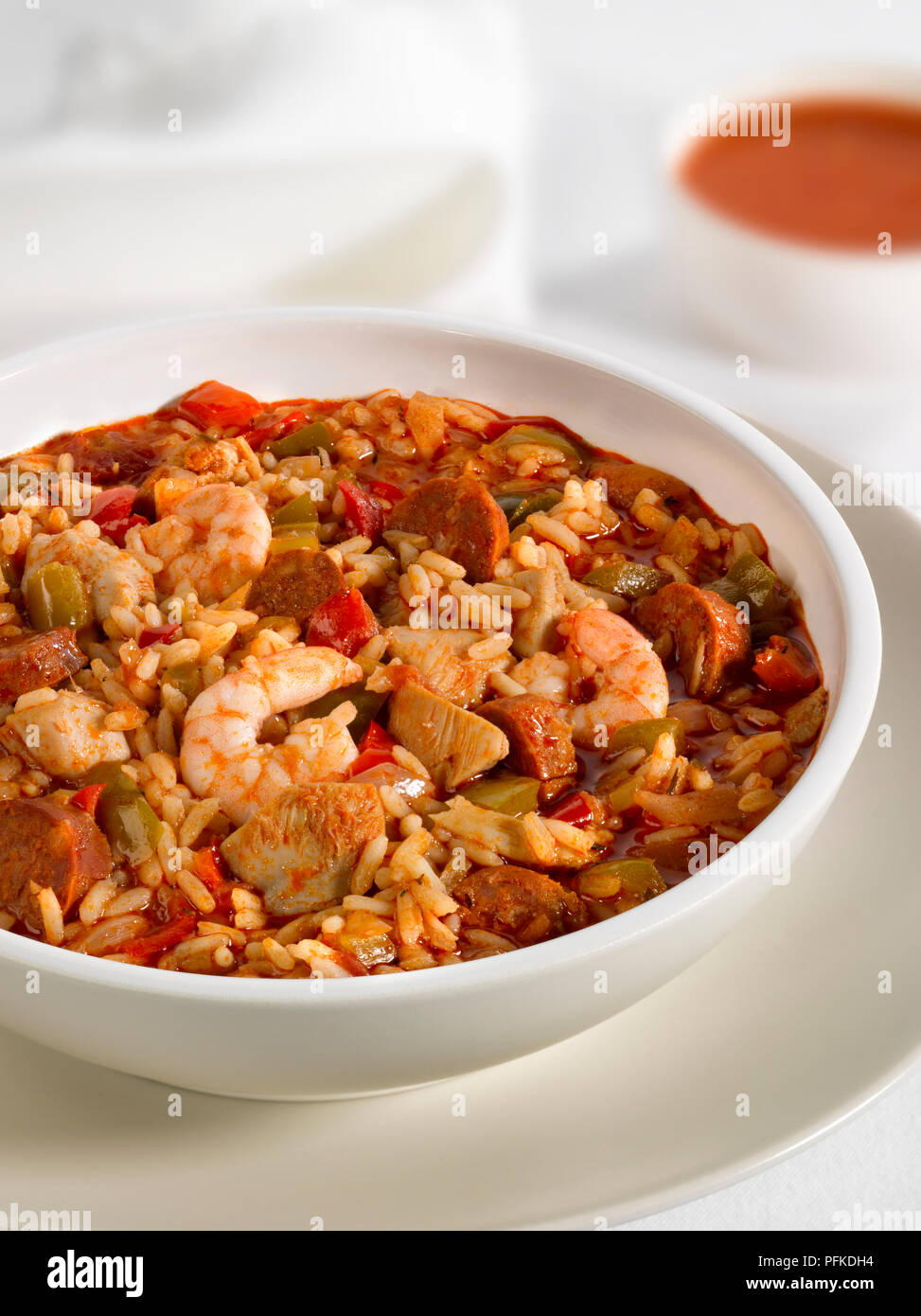 Bowl of Jambalaya, a Cajun dish containing rice, prawns, sausages