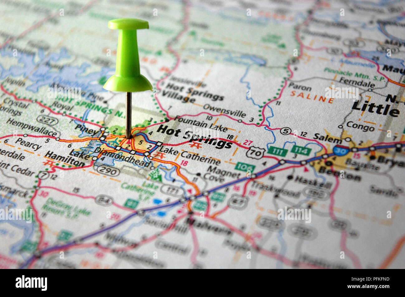 A map of Hot Springs, Arkansas marked with a push pin Stock Photo - Alamy
