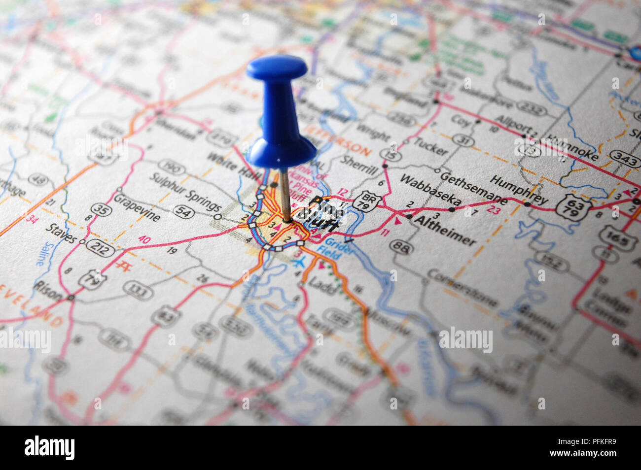 A map of Pine Bluff, Arkansas marked with a push pin Stock Photo Alamy
