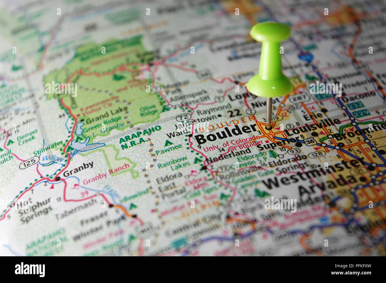 A map of Boulder, Colorado marked with a push pin. Stock Photo