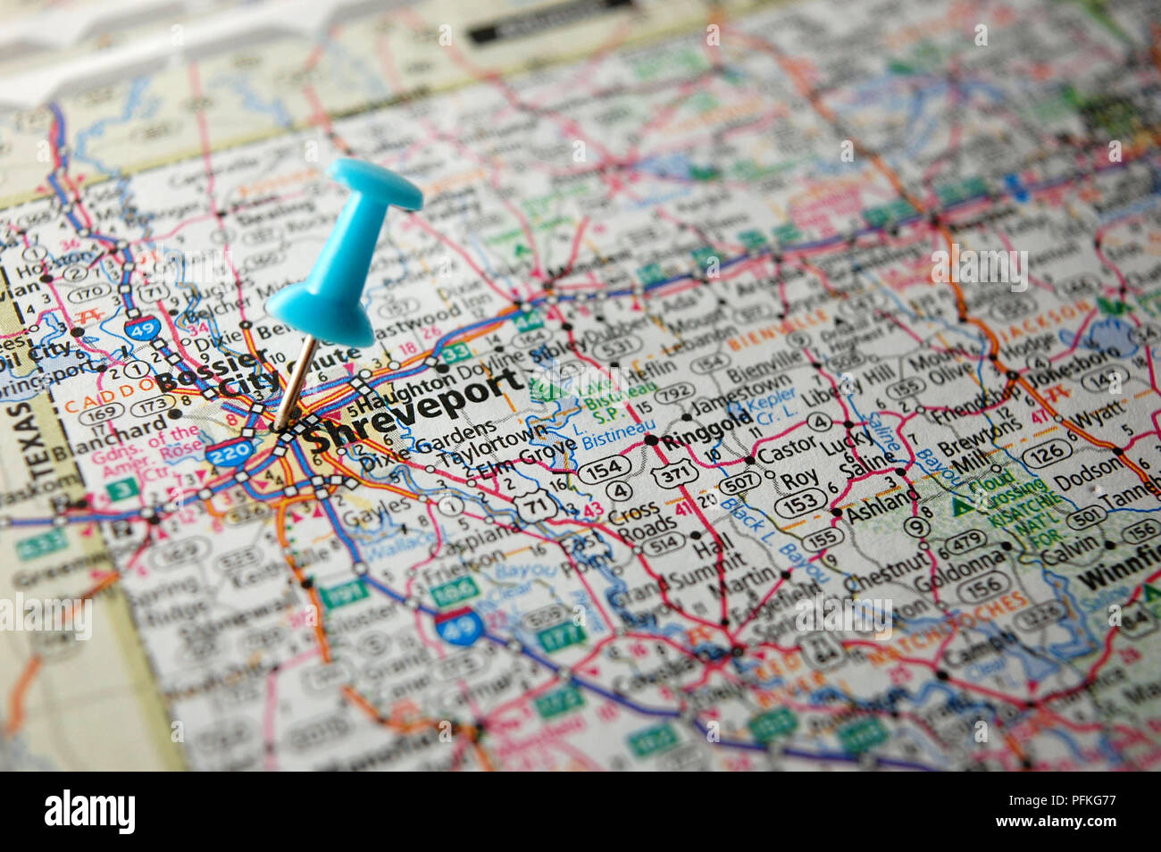 A map of Shreveport, Louisiana marked with a push pin. Stock Photo