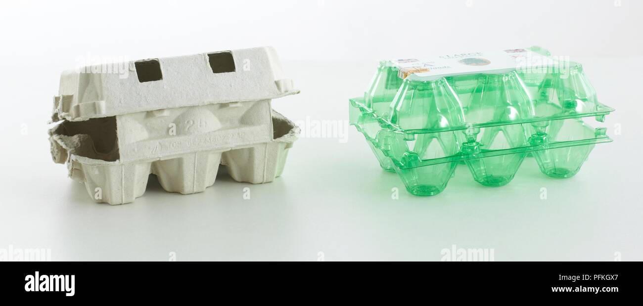 Egg boxes made from cardboard and from plastic Stock Photo