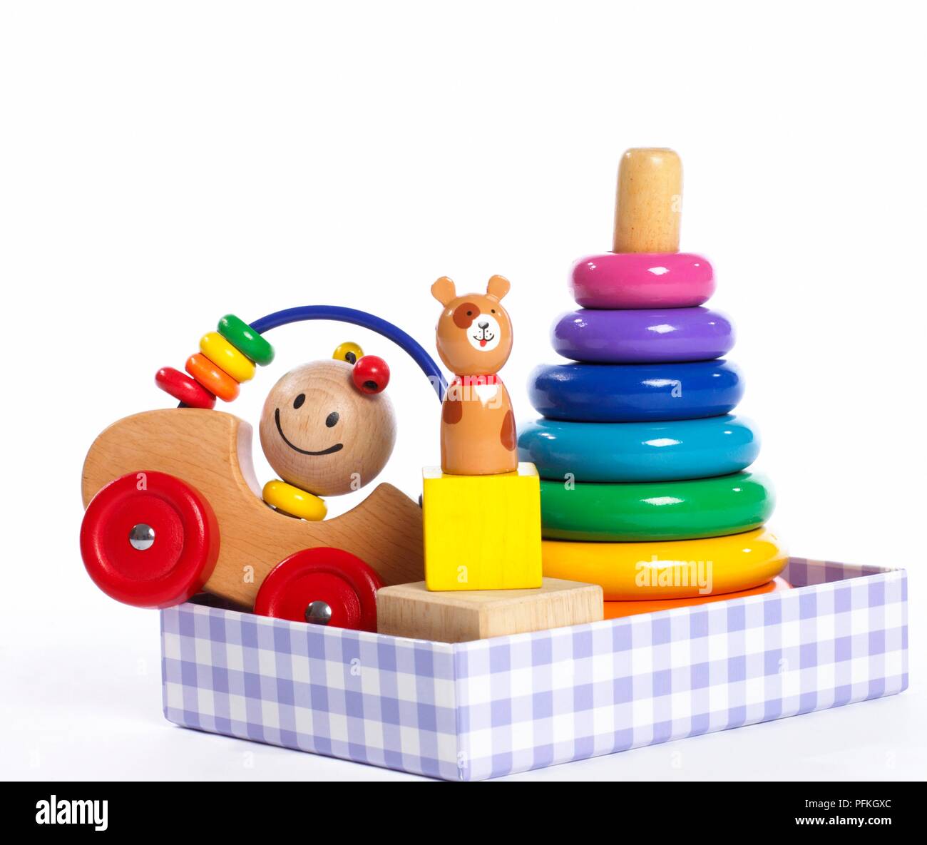 Selection of wooden toys in a box Stock Photo Alamy