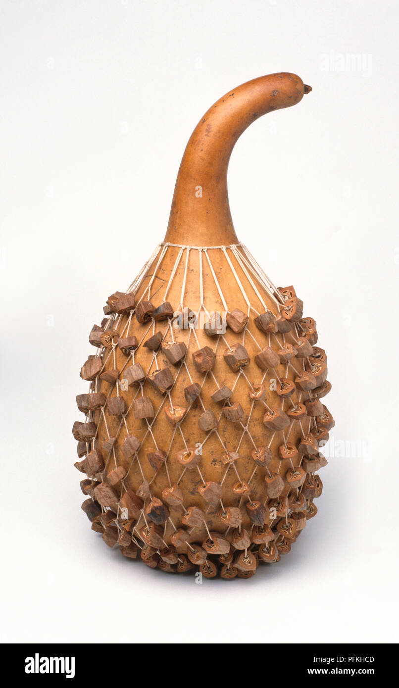 Shekere, African percussion instrument carved out of a gourd, close-up Stock Photo