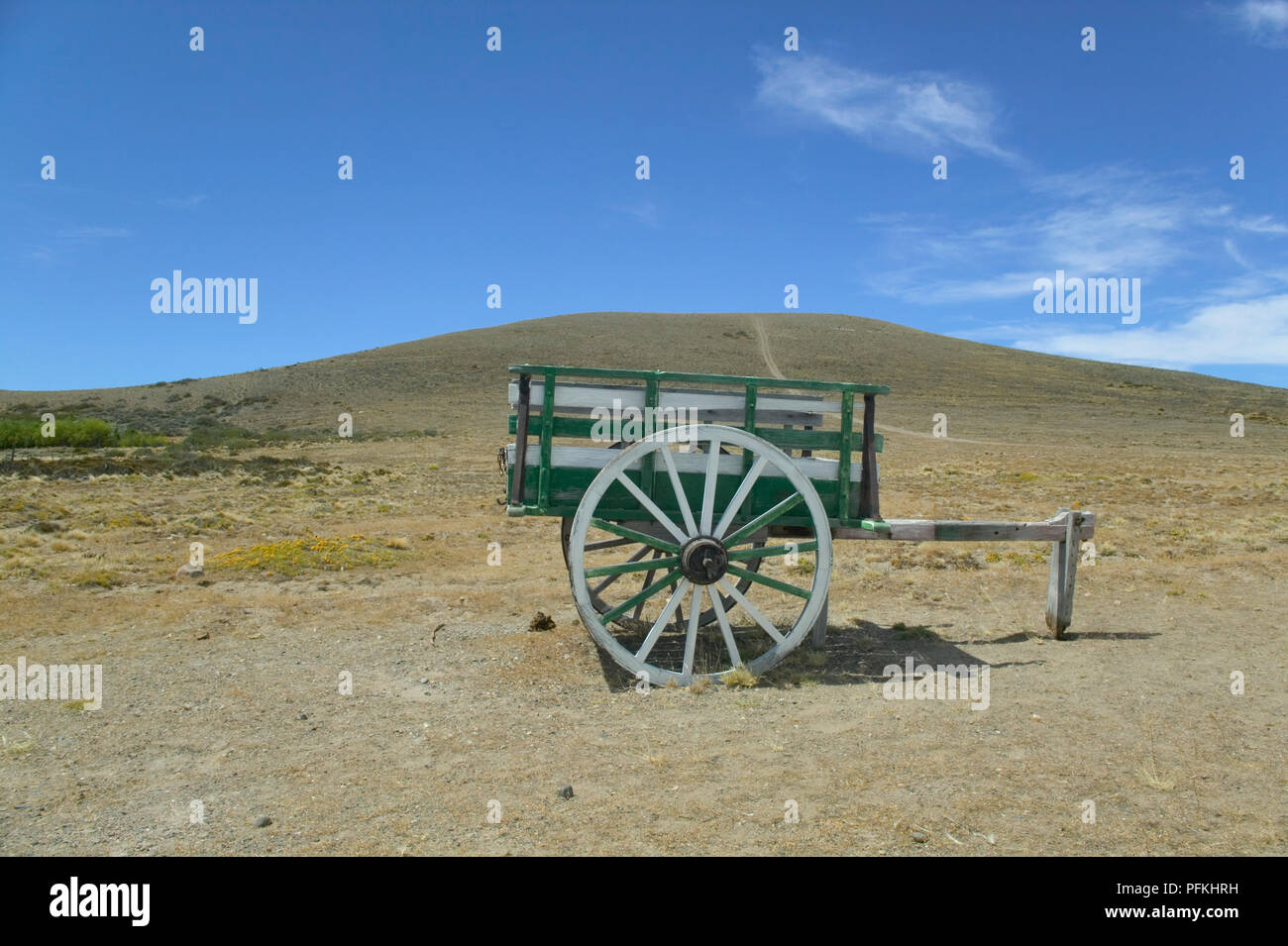 Argentina, Patagonia, Bajo Caracoles, old cart on barren landscape Stock Photo