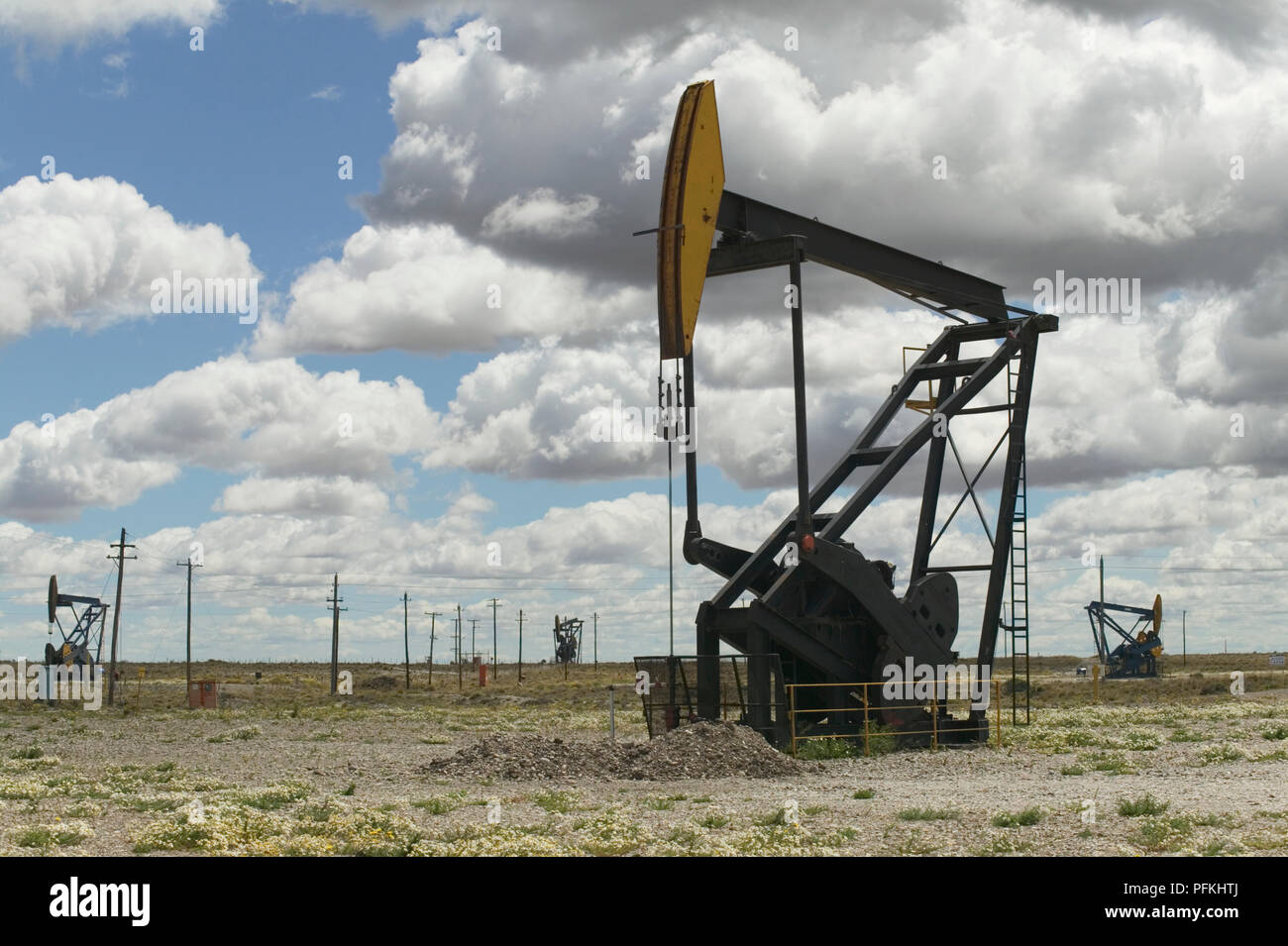Argentina, Patagonia, oil wells and telegraph poles on flat, semi-arid landscape near Comodoro Rivadavia Stock Photo