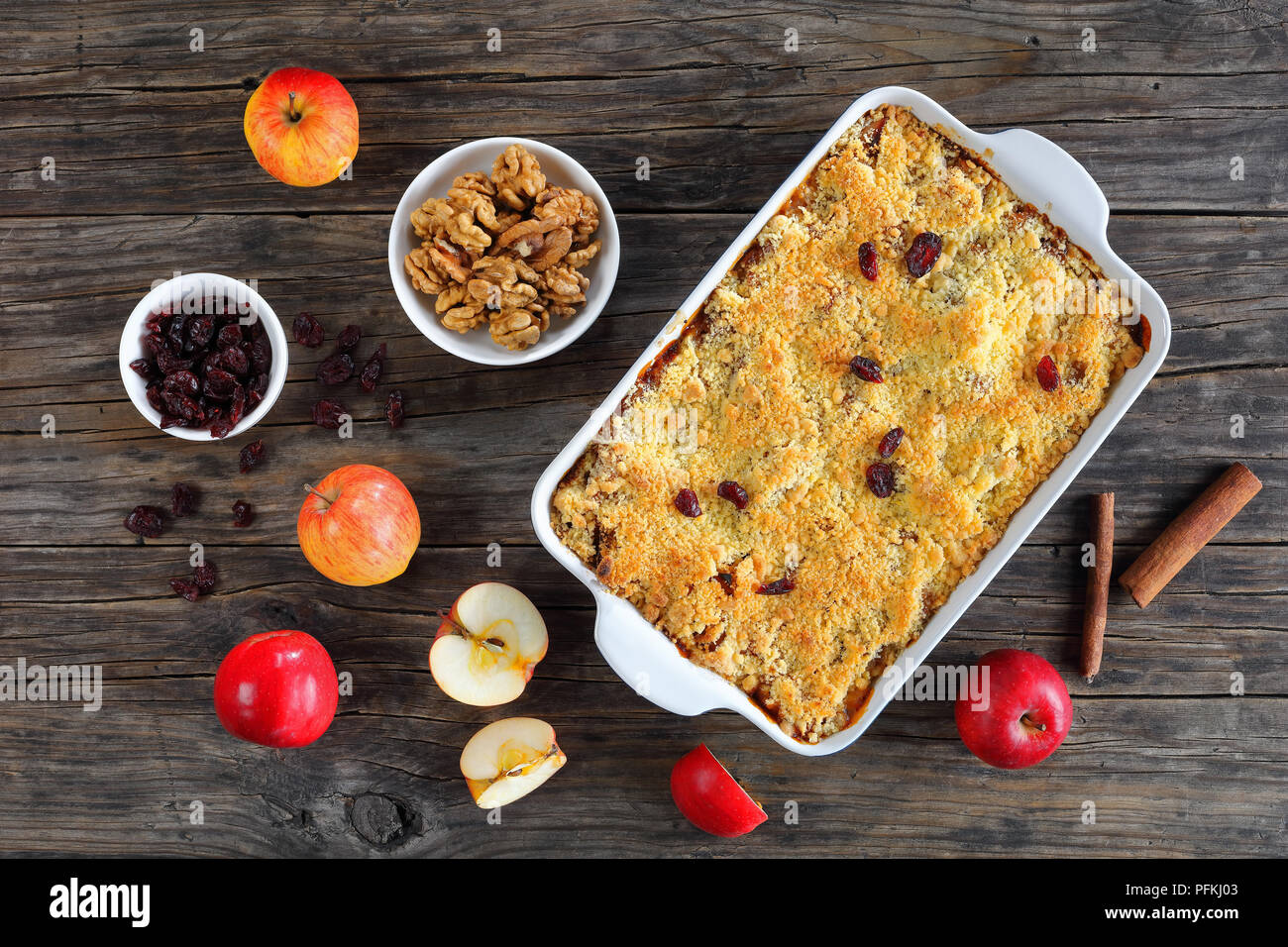 homemade apple crumble or apple crisp in baking dish dessert consisting of baked chopped