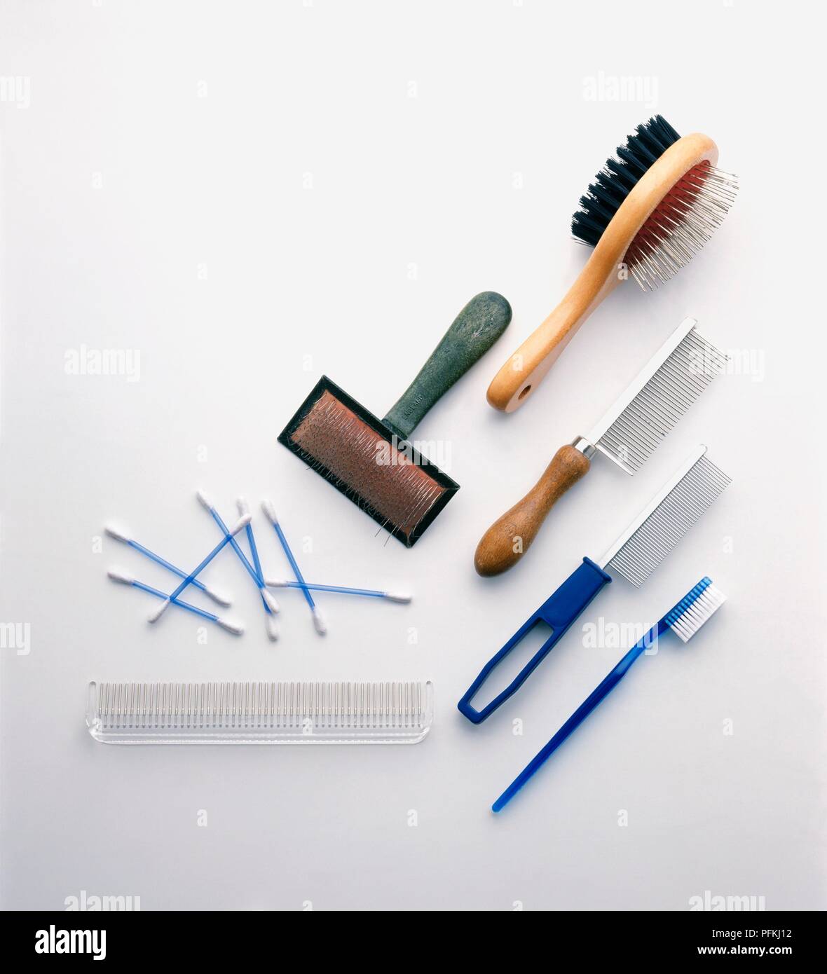 Collection of grooming equipment for cats, including brushes and combs