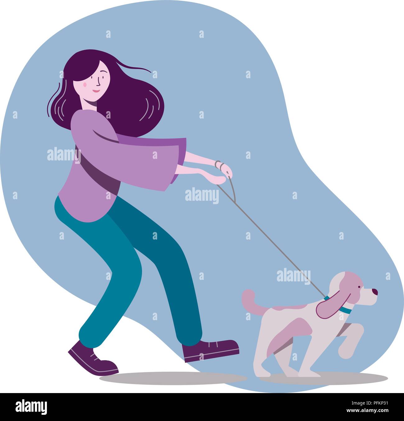 Vector illustration with woman walking the dog Stock Vector