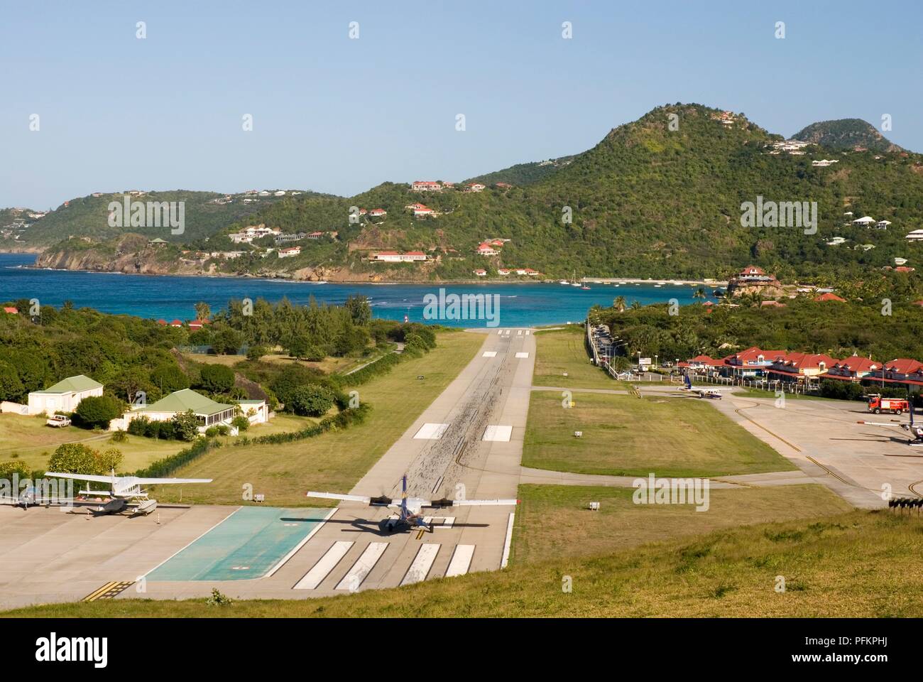St Barthelemy, view of the island's airport Stock Photo - Alamy
