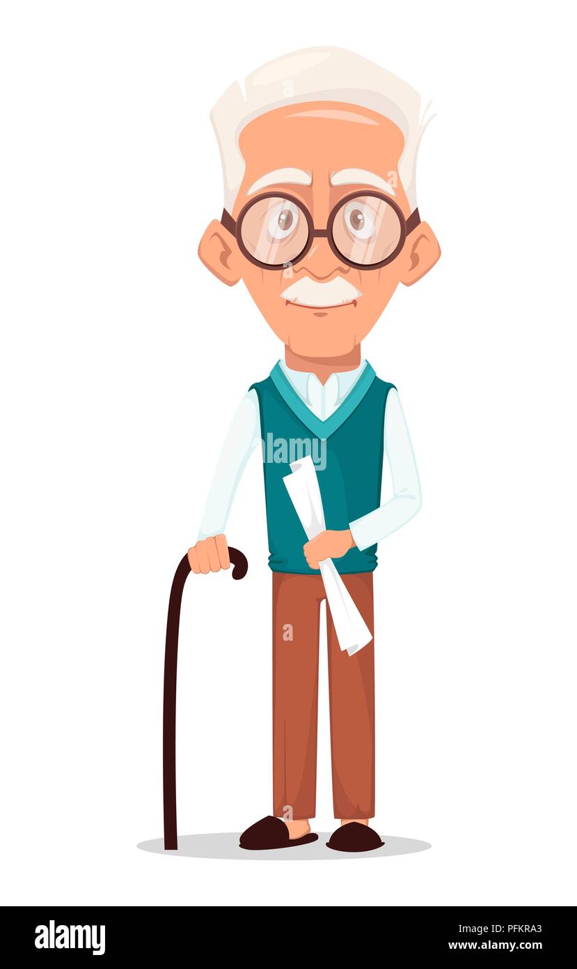 Grandfather wearing eyeglasses. Silver haired grandpa. Cartoon character  with walking stick. Vector illustration on white background Stock Vector  Image & Art - Alamy