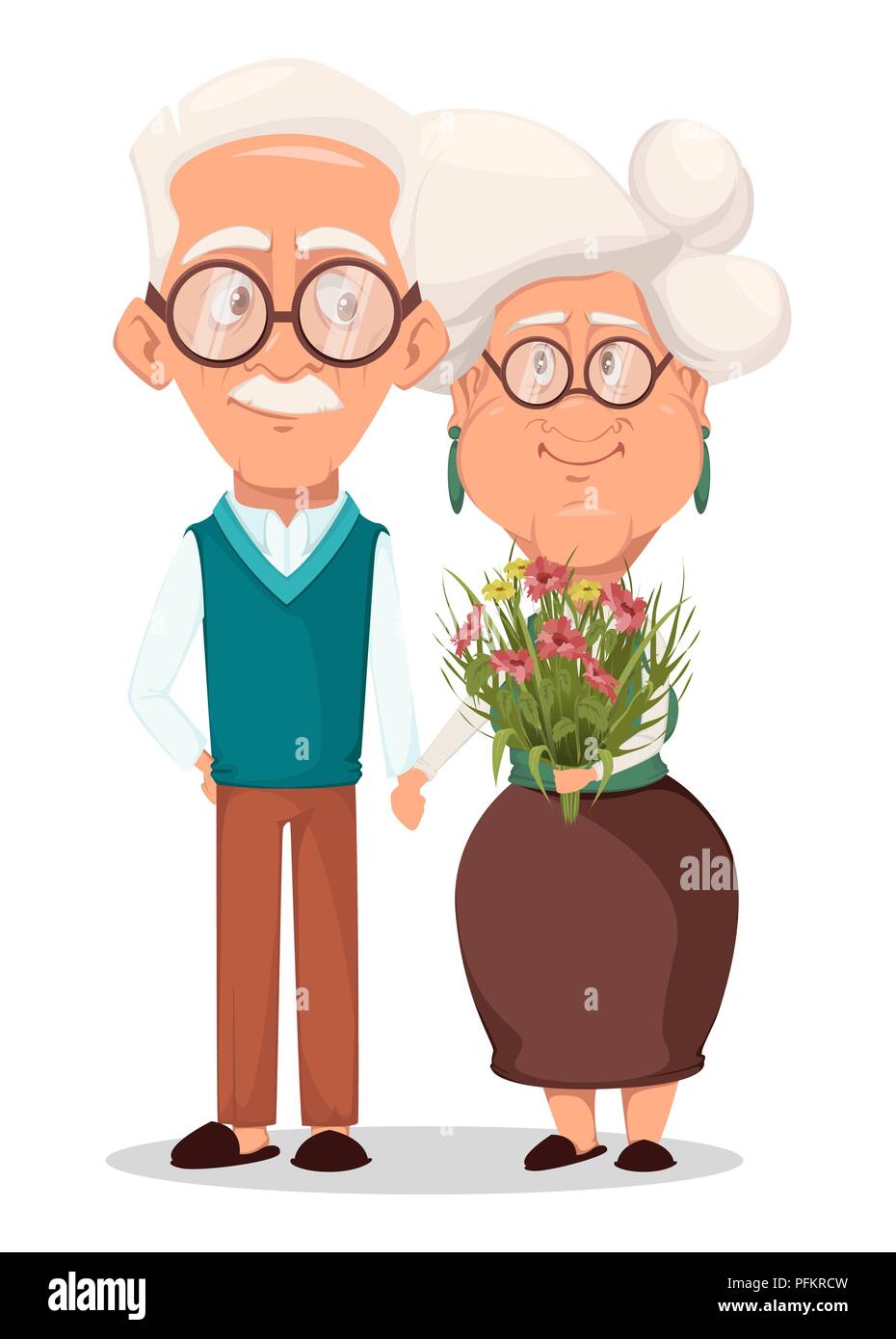 Grandmother and grandfather together. Silver haired grandma and grandpa. Cartoon characters. Vector illustration on white background Stock Vector