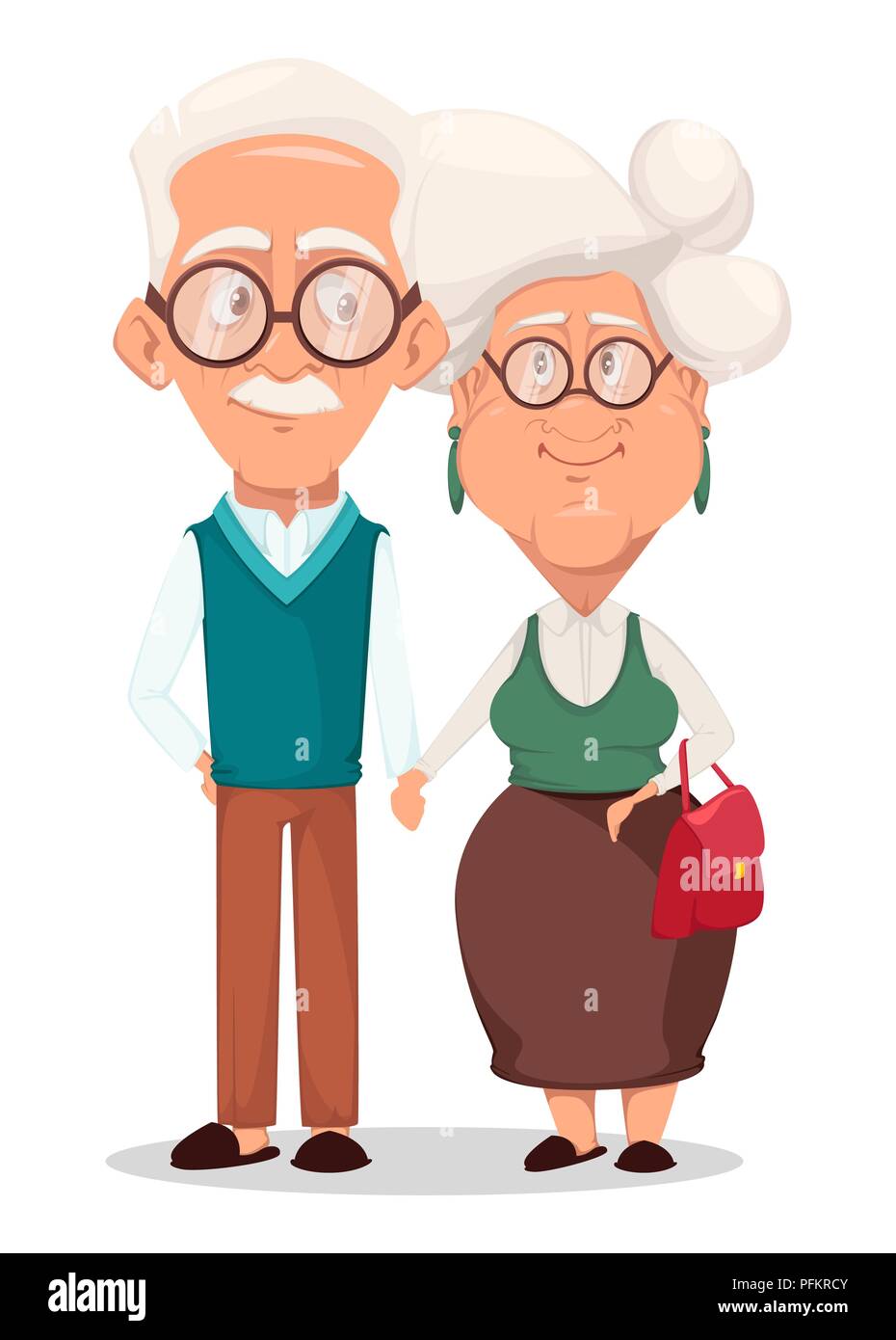 Grandmother and grandfather together. Silver haired grandma and grandpa holding hands of each other. Cartoon characters. Vector illustration on white  Stock Vector