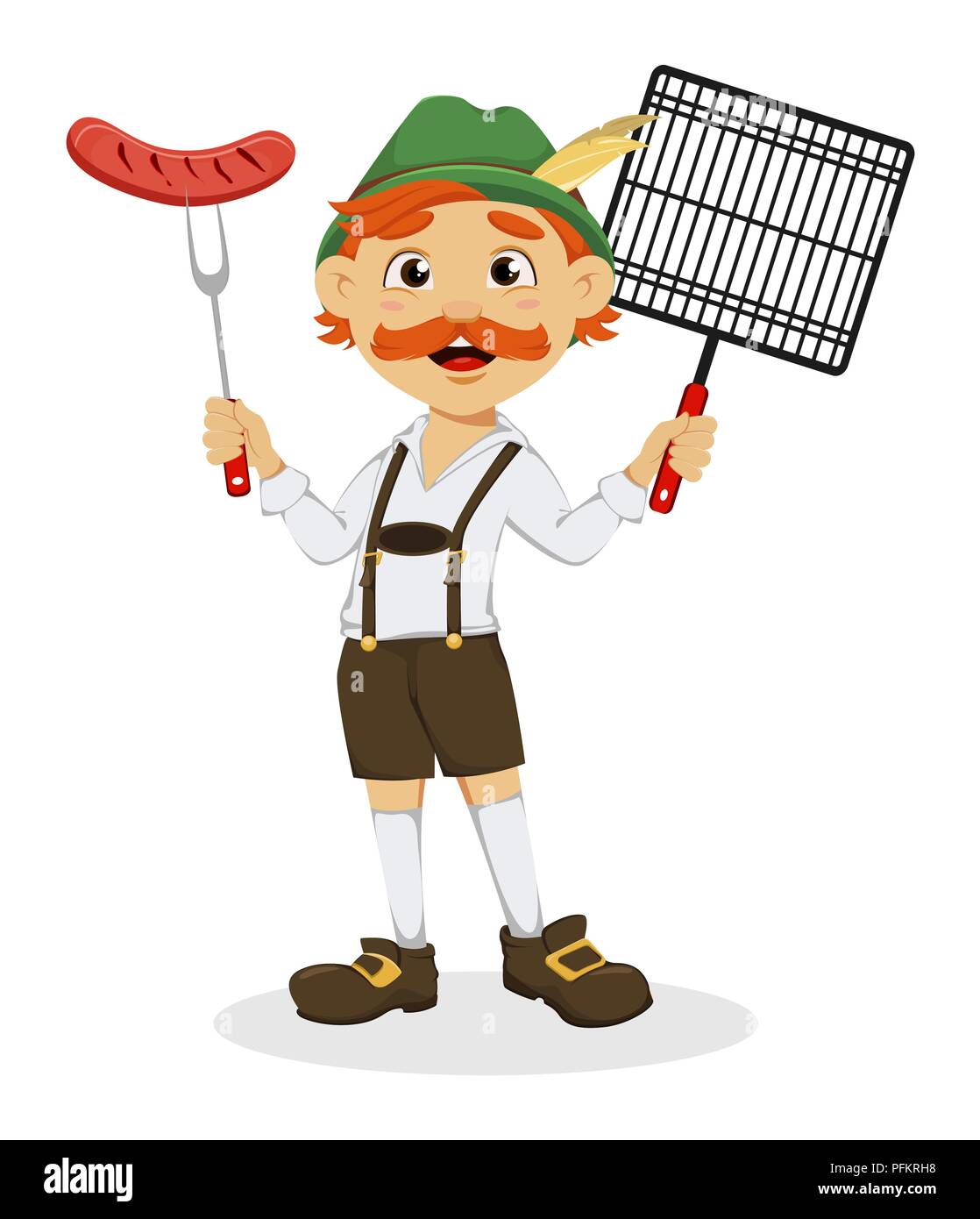 Oktoberfest, beer festival. Funny redhead man, cartoon character holding grilled sausage on a fork and grid. Vector illustration on white background Stock Vector