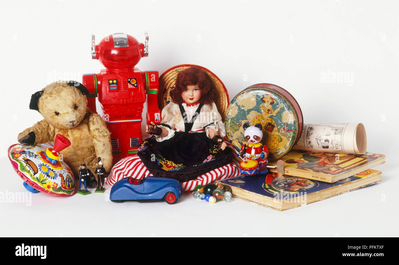 A display of toys, historical through to present day. Stock Photo