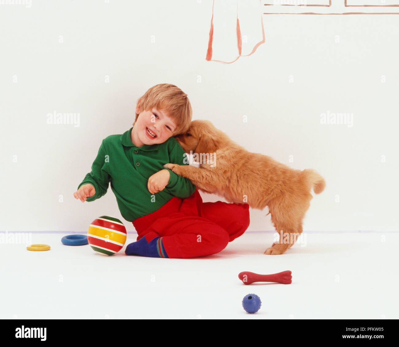 Smiling blonde boy sitting on floor playing with Golden Retriever puppy, dog toys scattered around them on the floor. Stock Photo