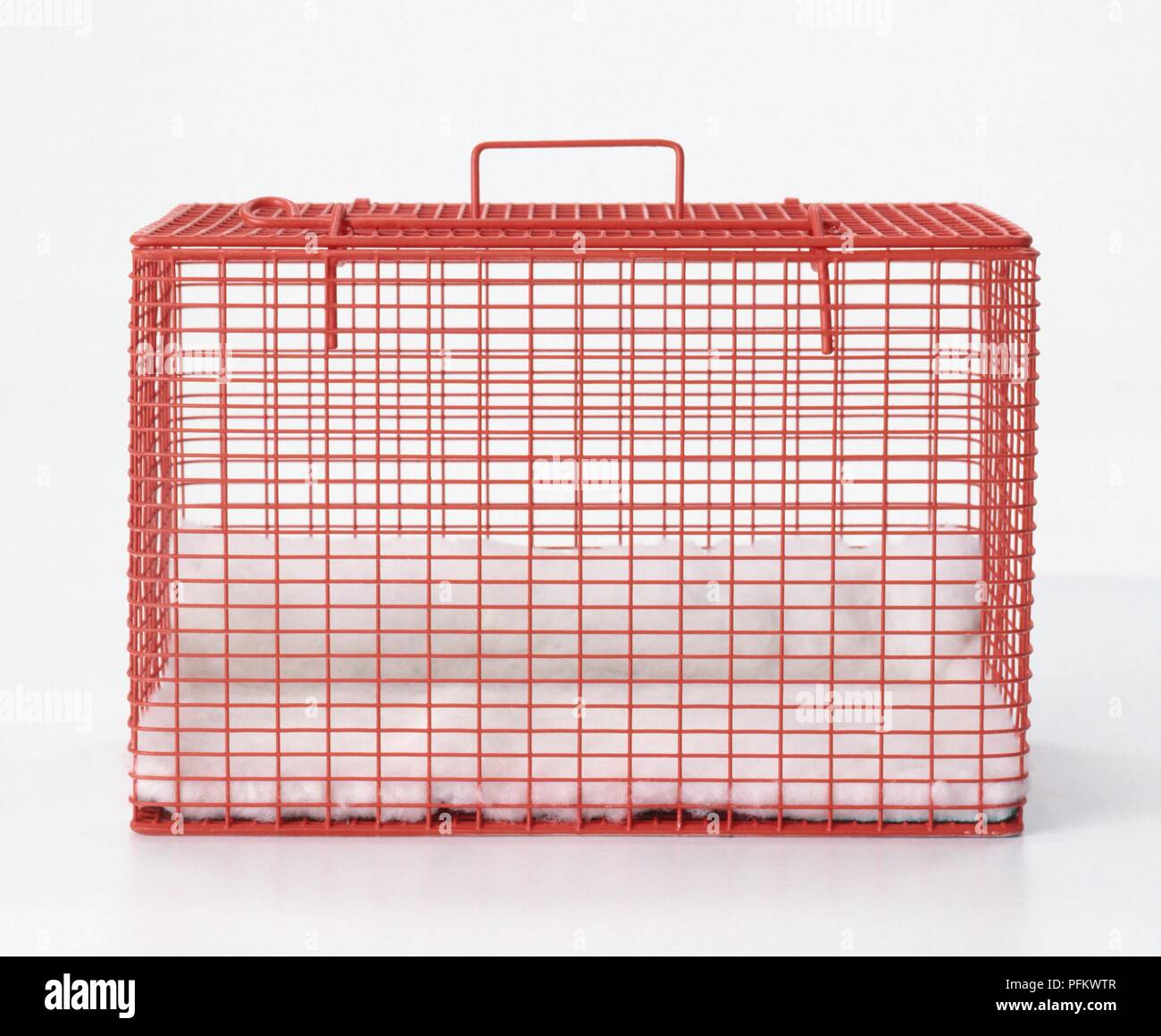 Red wire mesh pet carrier with soft blanket inside Stock Photo