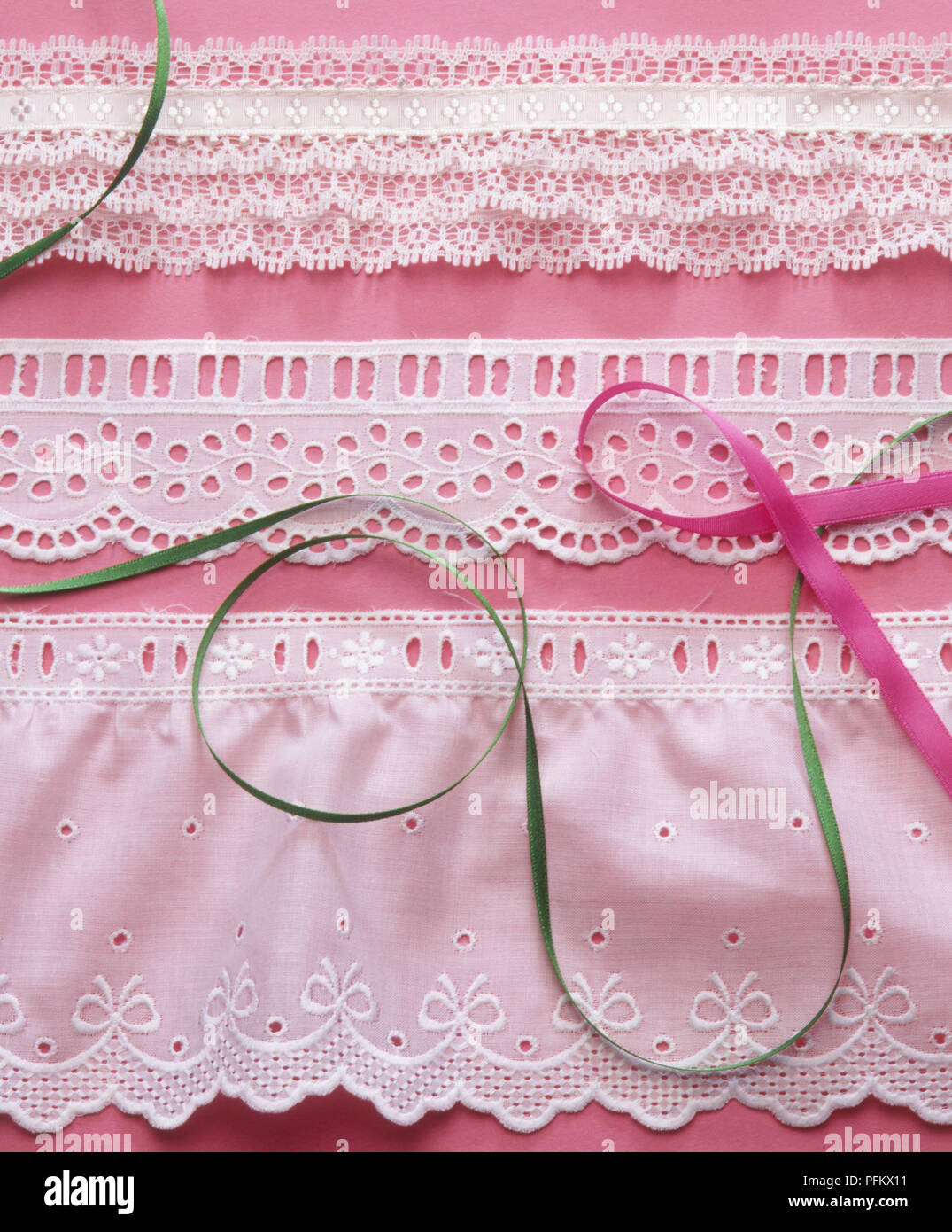 Embroidered lace trimmings and ribbons Stock Photo